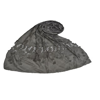 Diamond Work Heavy Lace Hijab With Fringe Stole - Grey